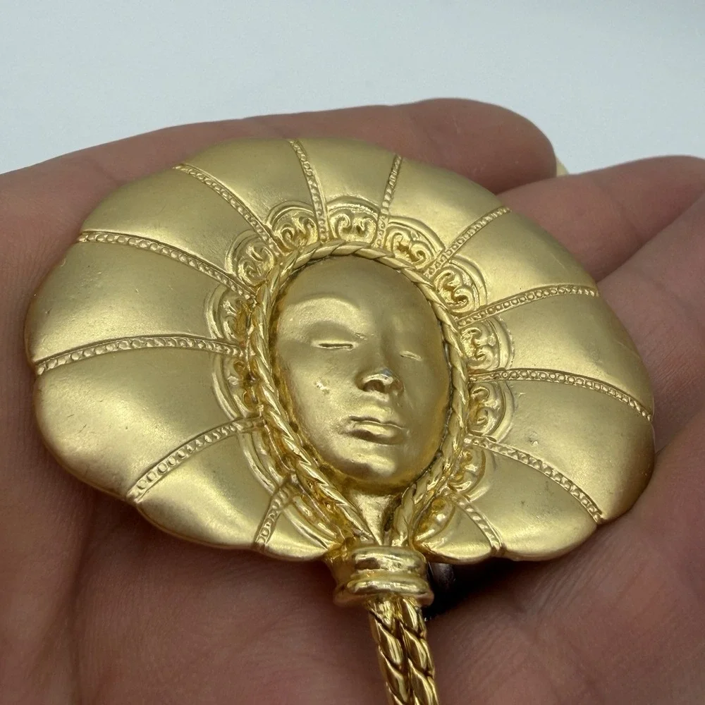 Vtg JJ Jonette Women Face Brooch Goddess Headdress Tassel Art Deco Large Rare